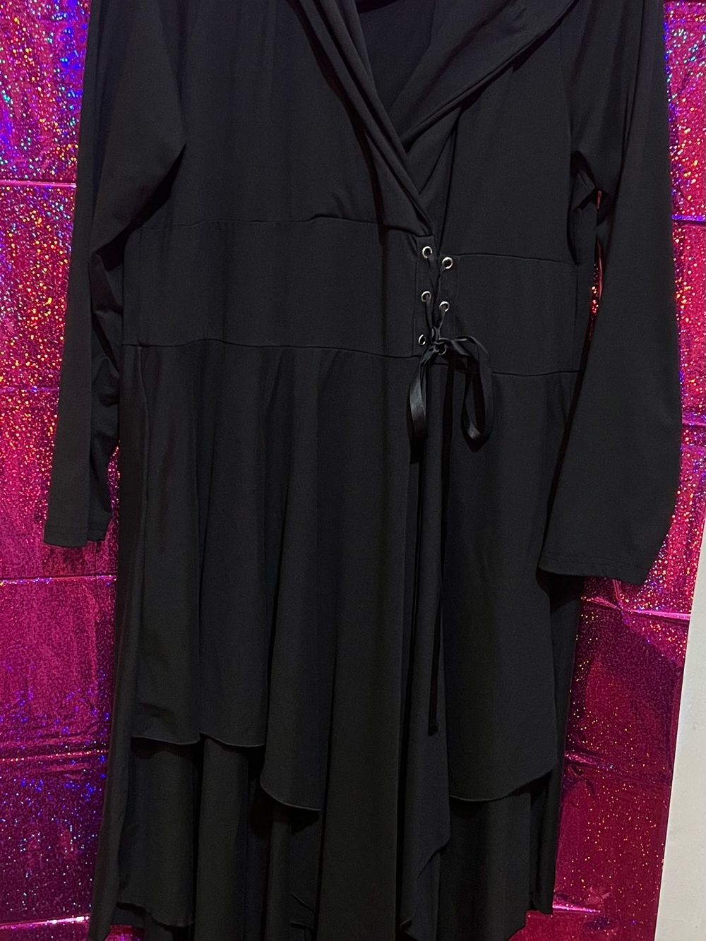Source Unknown Black Long Sleeve Lace-Up Wrap Dress